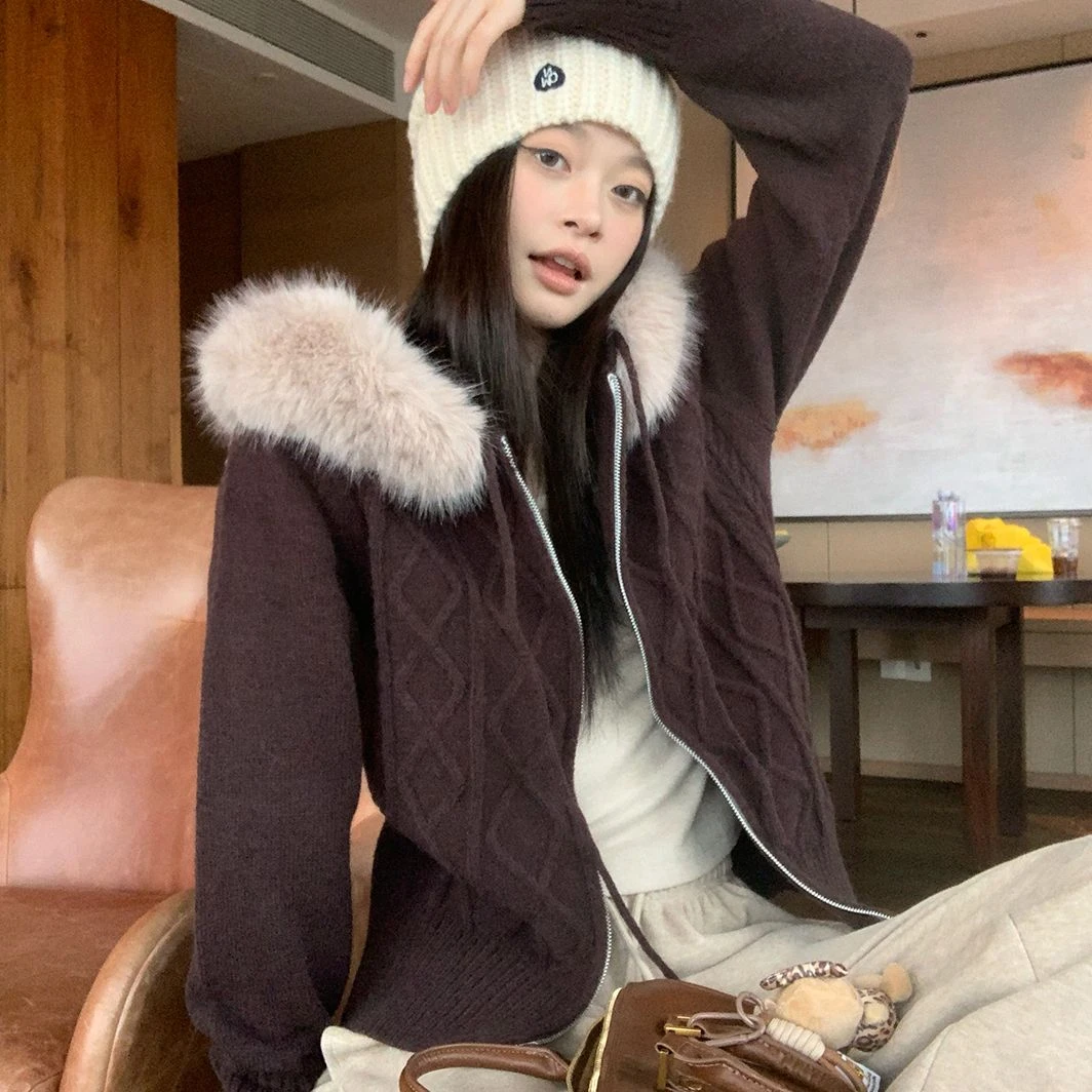 毛领连帽毛衣开衫外套女冬季可拆卸韩系宽松百搭慵懒风加厚针织