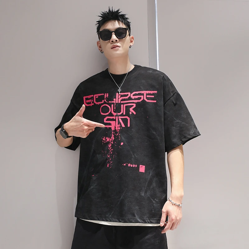 有术扎染国潮重磅印花夏季纯棉短袖T男设计感宽松半袖印绣圆领t恤