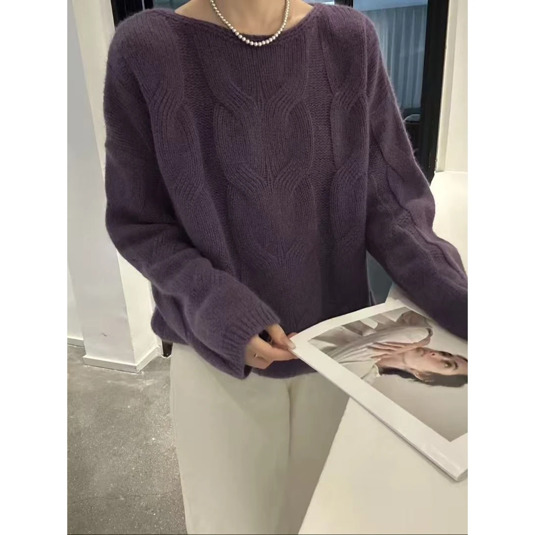 /紫色大麻花/韩版时尚圆领麻花一字领针织衫套头 衣长55 88019