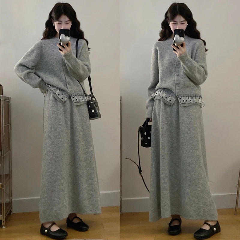 大码胖mm秋冬韩系宽松慵懒波点蕾丝边针织毛衣上衣+半身裙套装女