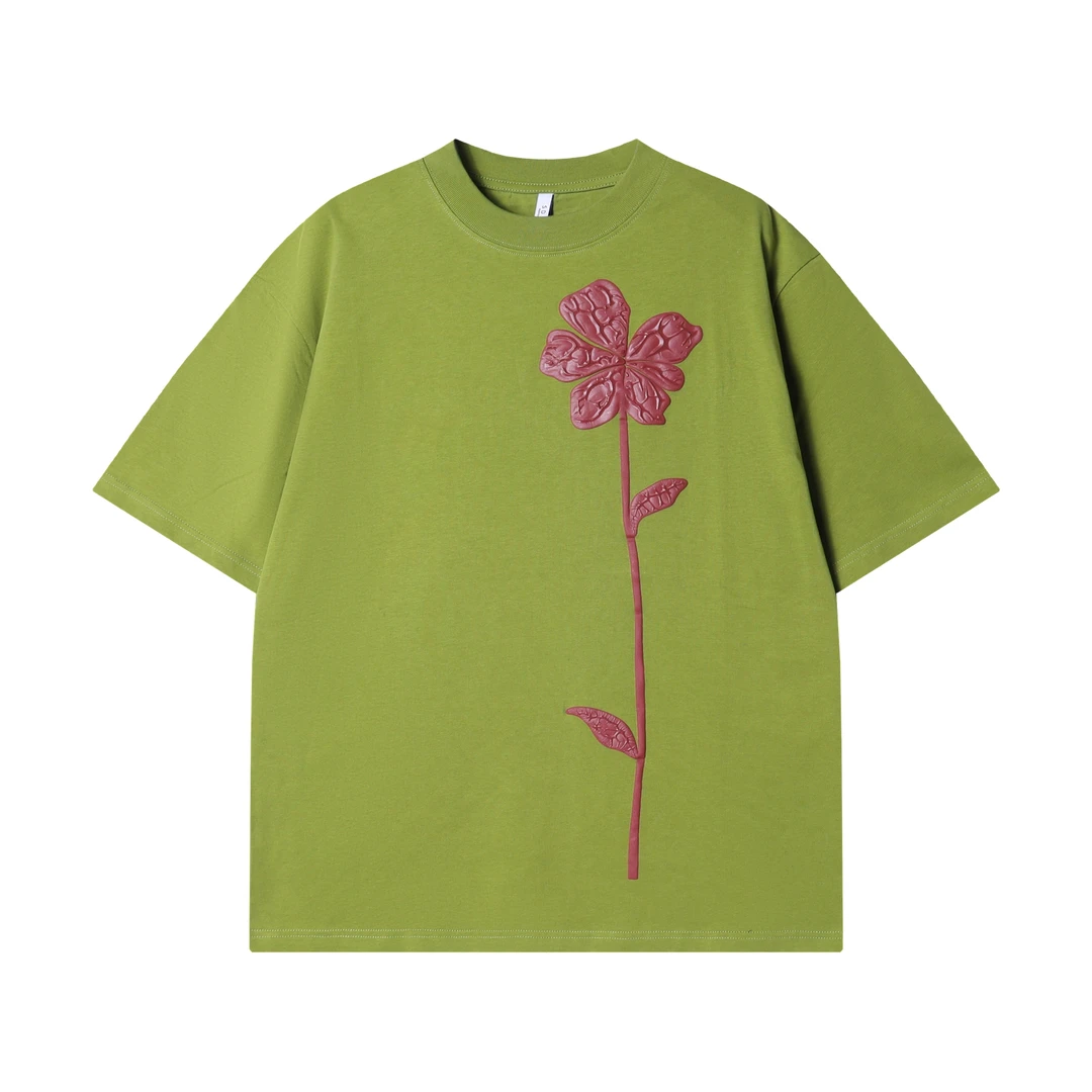 T1468新款时尚拼接花卉男士短袖潮流百搭休闲T恤宽松小众上衣