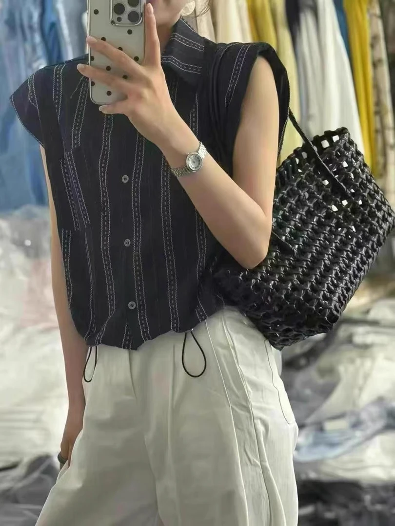 (XI ZI女装）88119夏季翻领无袖垫肩条纹显瘦下摆抽绳百搭衬衣