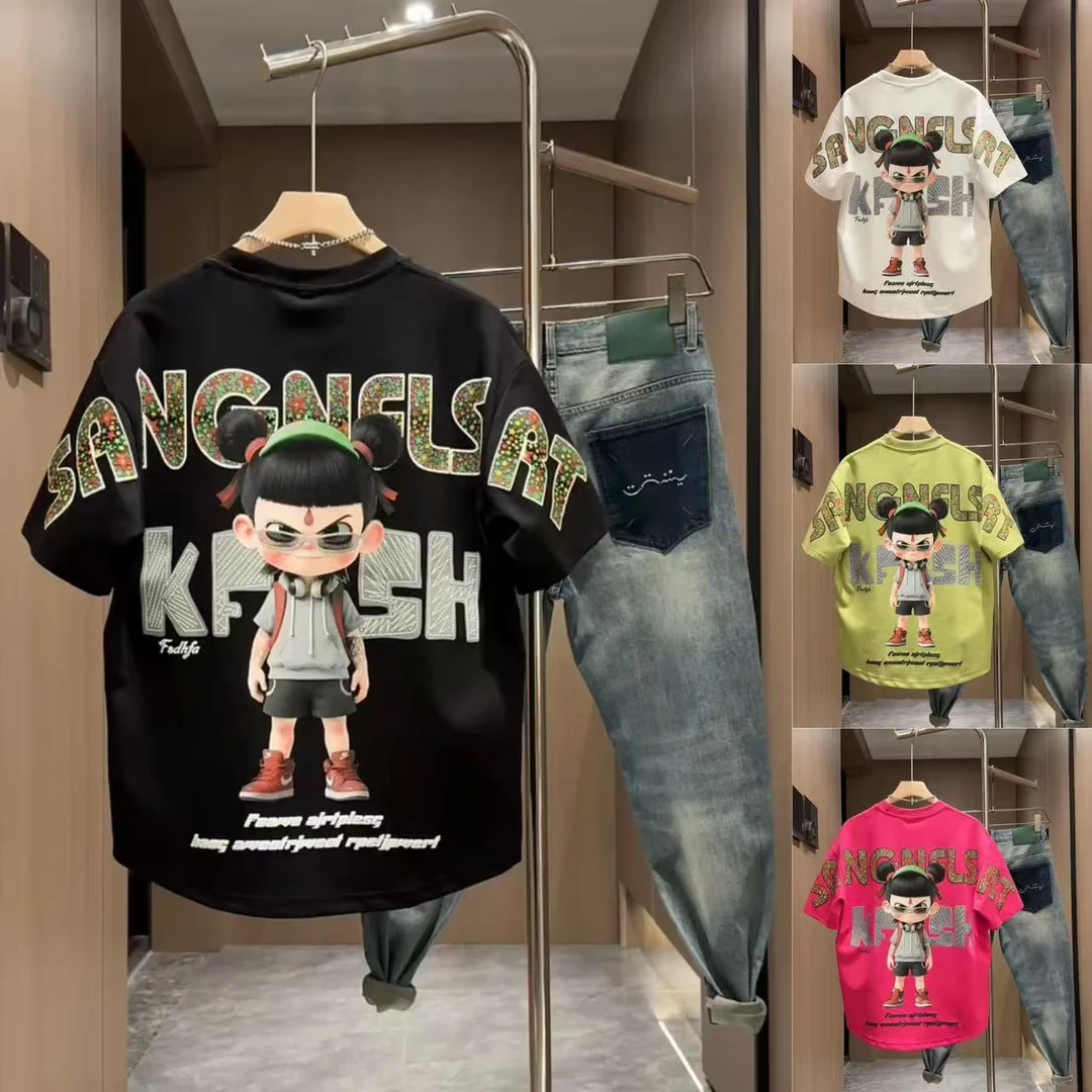 夏季新款立体发泡哪吒印花潮牌短袖男士休闲痞帅情侣半袖时尚T恤