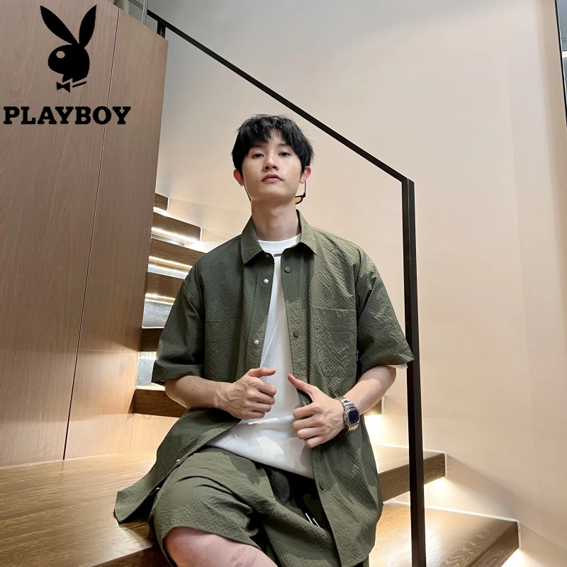 花花公子美式休闲短袖衬衫男士套装2025夏季新款时尚宽松透气短裤