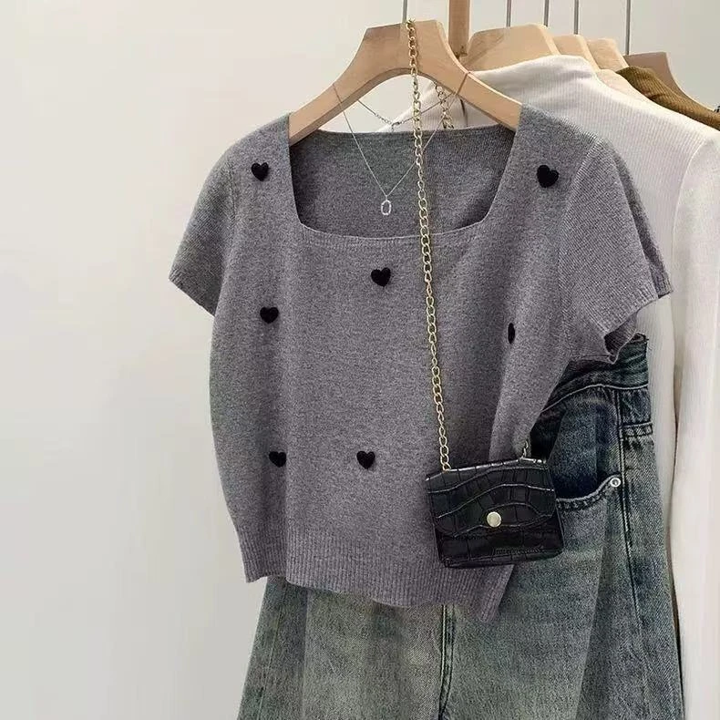 2025夏季新款设计感超好看爱心方领短袖针织衫女黄色短款T恤上衣