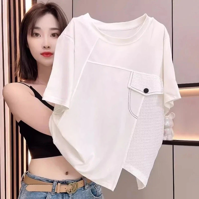 夏季上衣2025新款爆款女装时尚潮流假口袋拼接百搭遮肉显瘦短袖T
