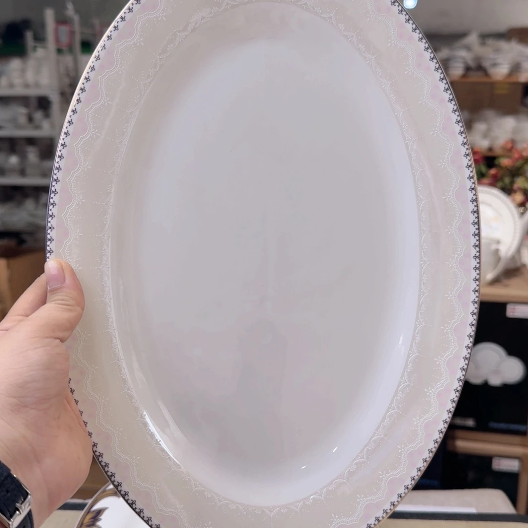 瓷14英寸鱼盘35*24cm2个小粉外贸骨瓷微瑕