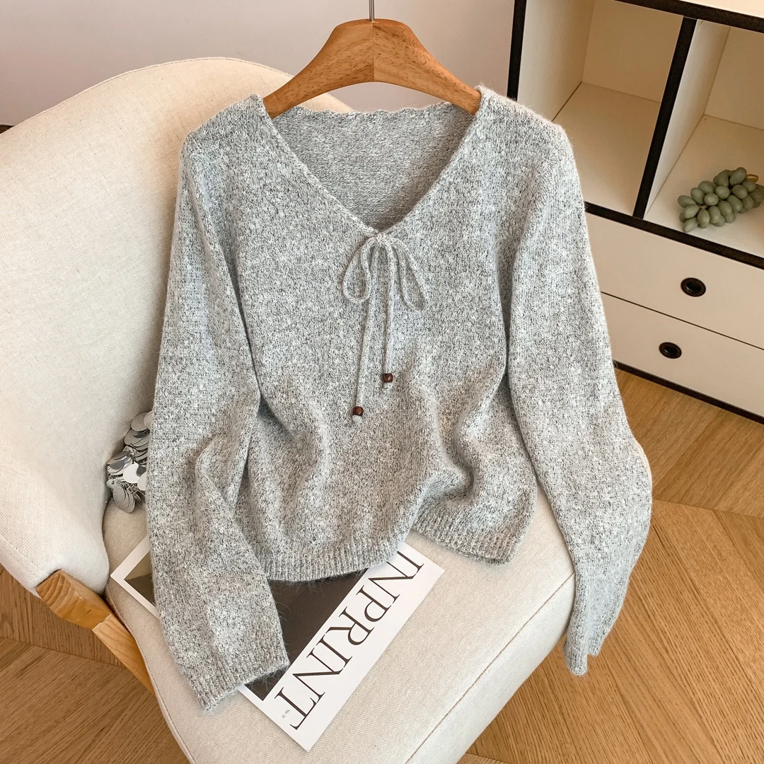 秋季韩系甜美v领系绳显瘦针织上衣女秋冬季新款温柔风百搭毛衣
