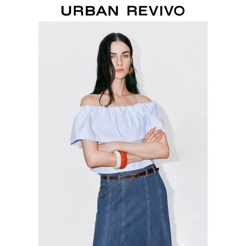 UR2025秋季新款女装时尚荷叶边一字肩罩衫衬衫UWM250096