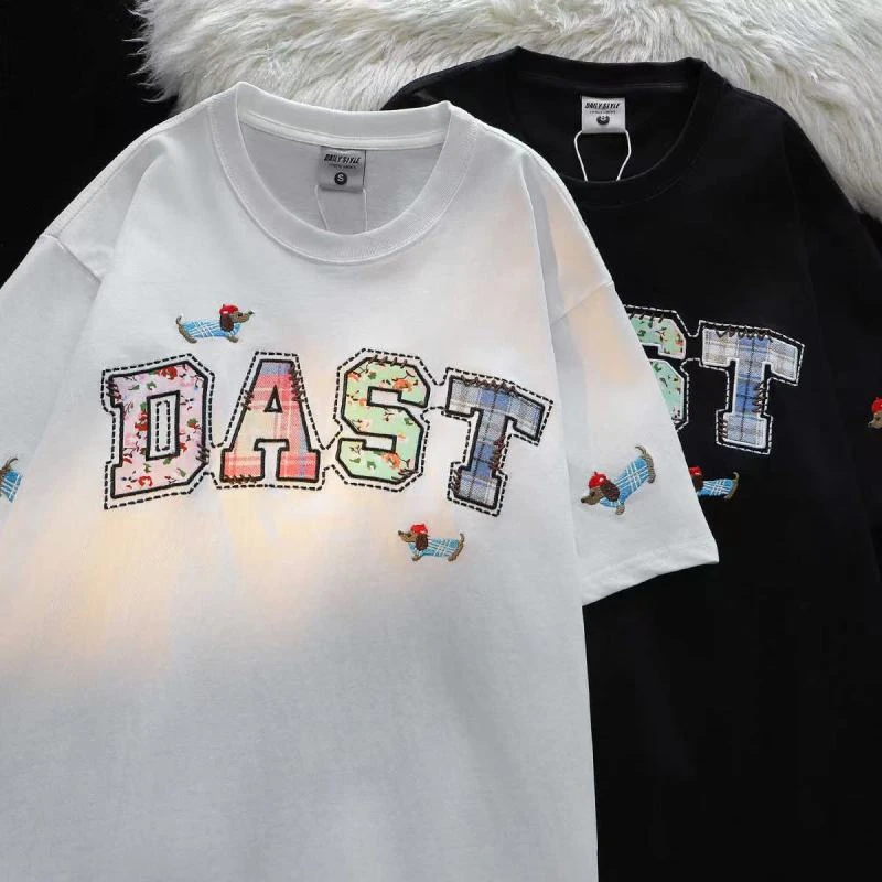 潮牌刺绣字母小狗短袖t恤男女夏2025新款美式宽松半袖情侣上衣潮