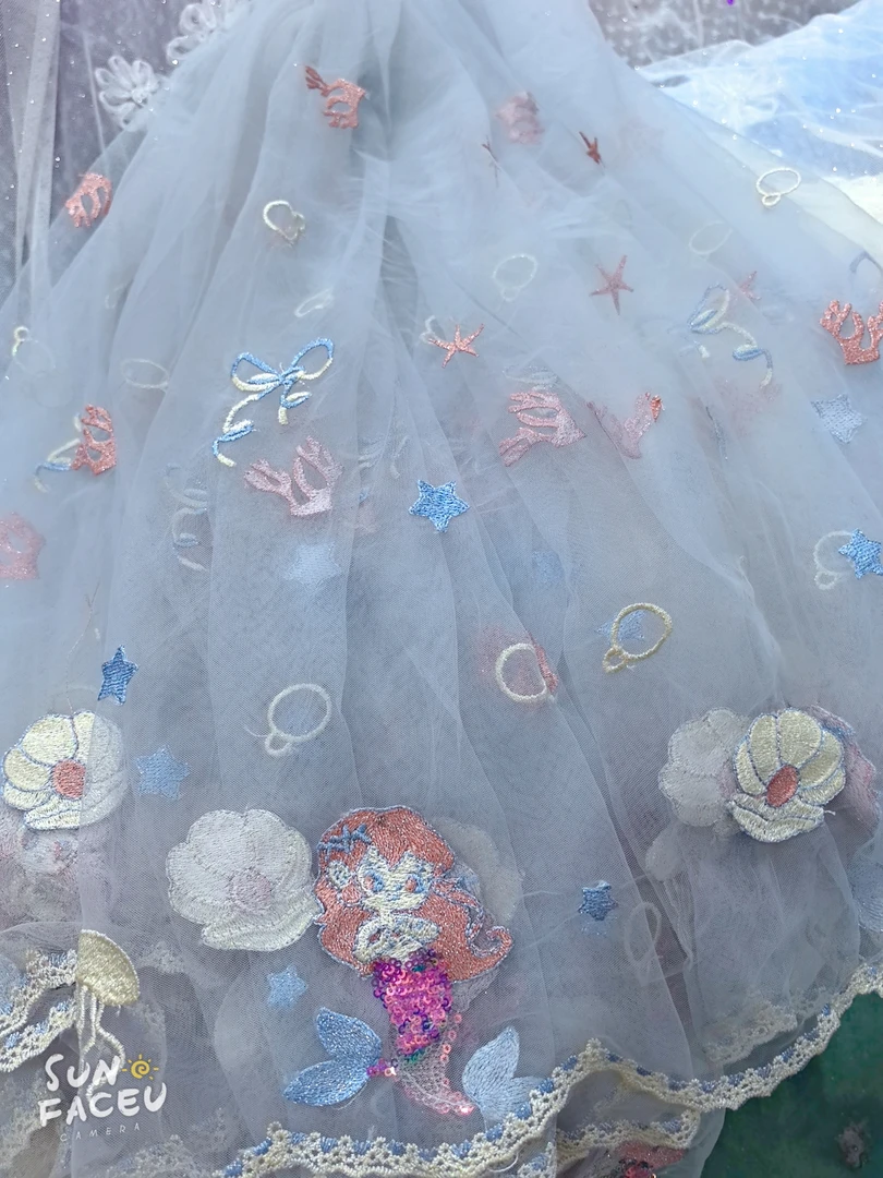 蓝色卡通网纱小美人鱼绣花布料可做衣服连衣裙宽1.45米长2米