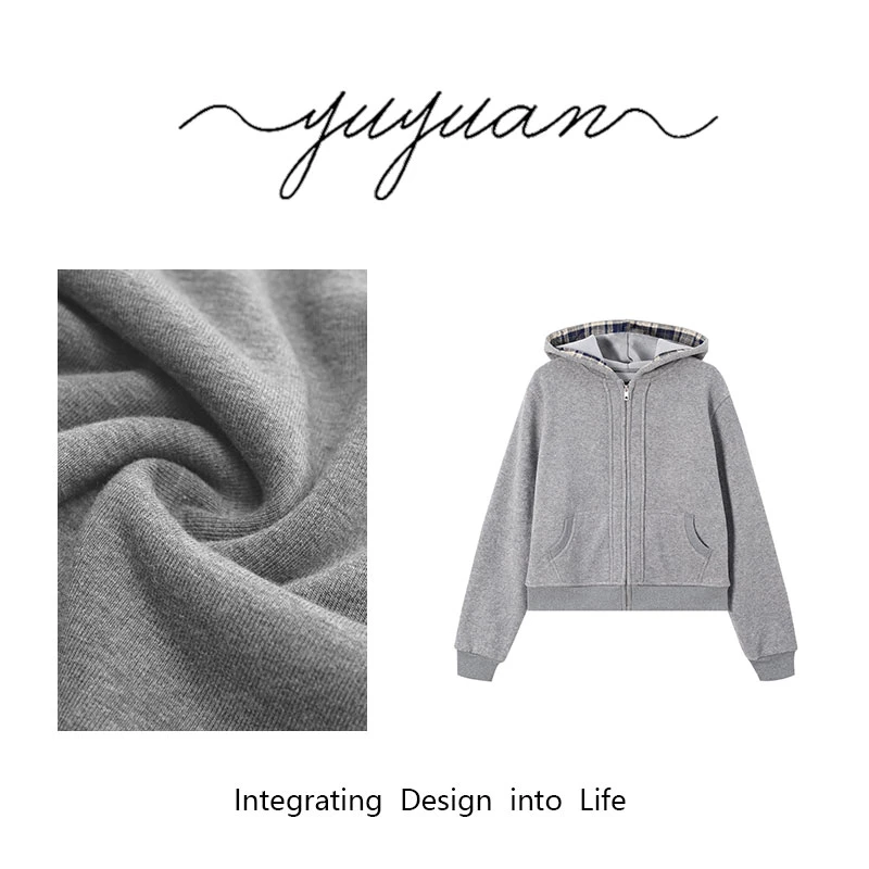 【媛宝】“肌理绒外套 ”秋冬时尚百搭显瘦撞色格子连帽外套-FS3658