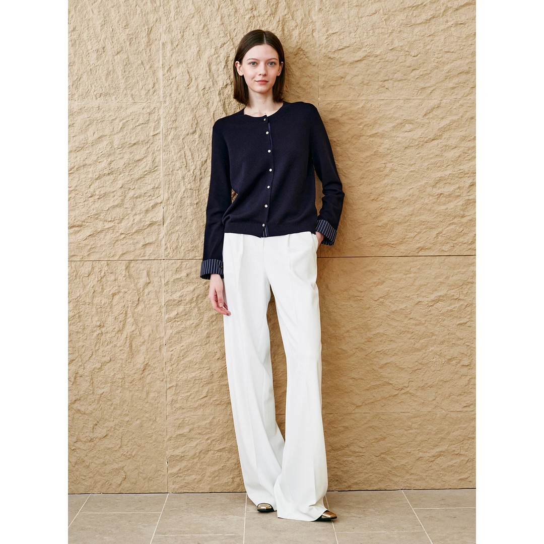 INSUN恩裳专选2025秋季圆领拼接条纹针织羊毛衫9C65306200