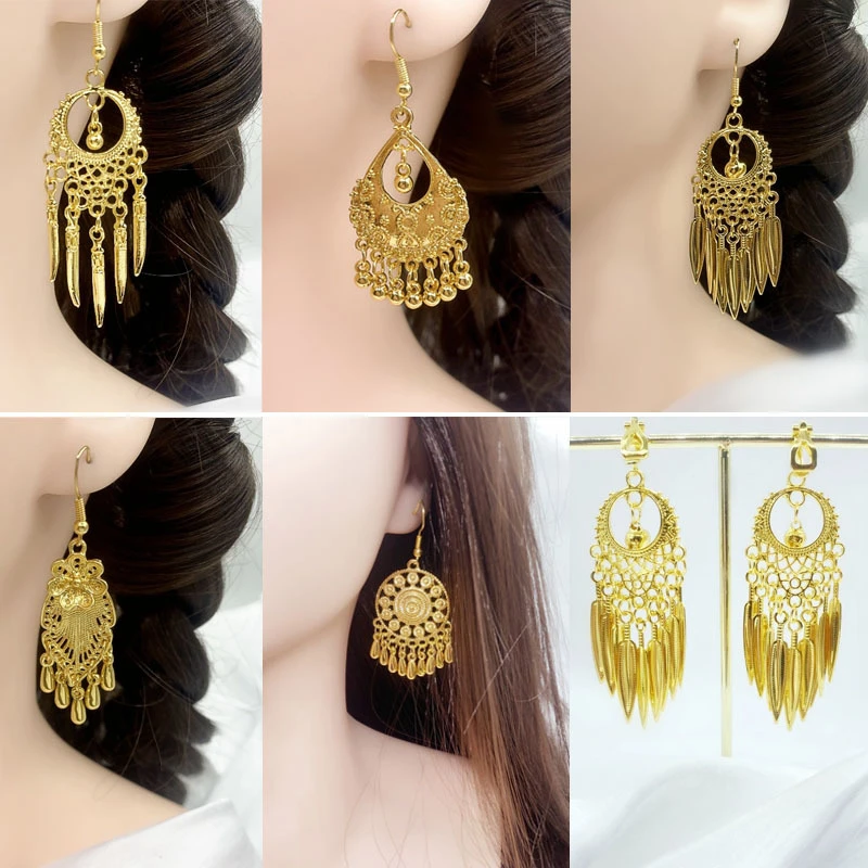 合金耳饰 跨境复古耳饰少数民族短款夸张金色耳环无耳洞耳夹