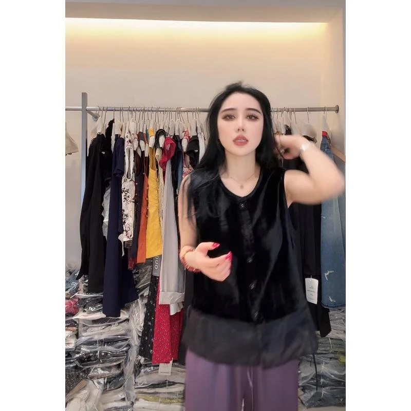 香香老板娘定制拼接纱纱V领上衣#4291
