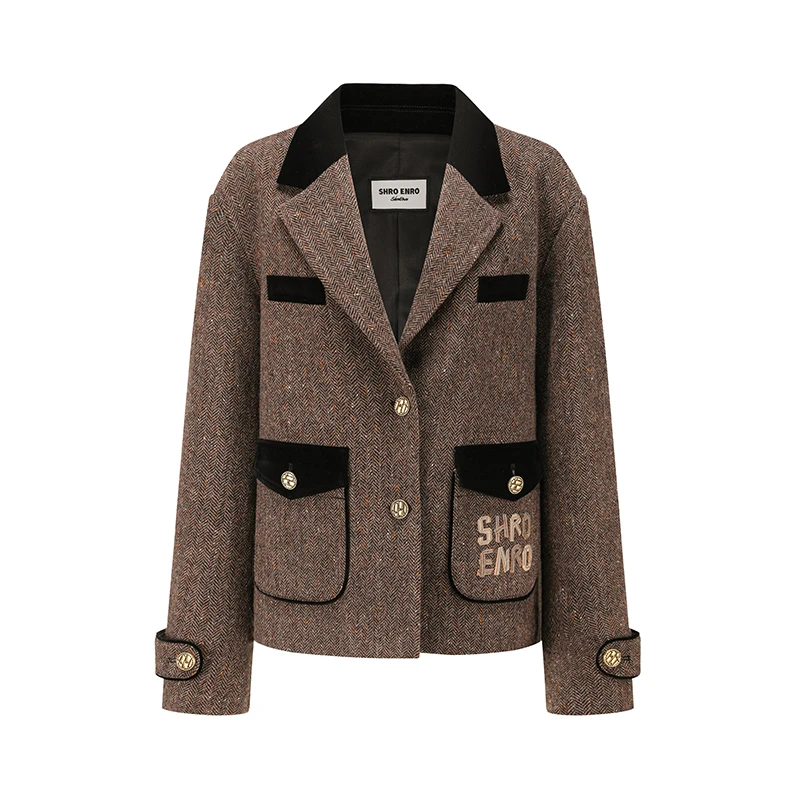 SHRO ENRO 斜纹丝绒拼接廓形毛呢外套