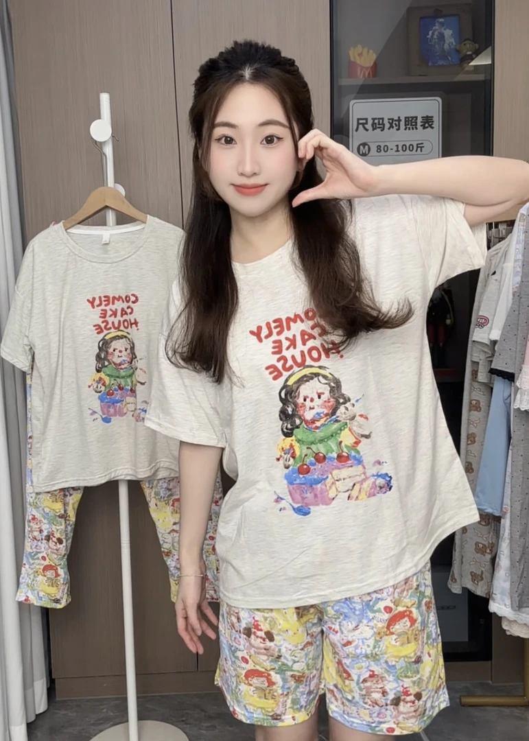 纯棉夏季甜美圆领睡衣女卡通少女带胸垫可外穿家居服套装