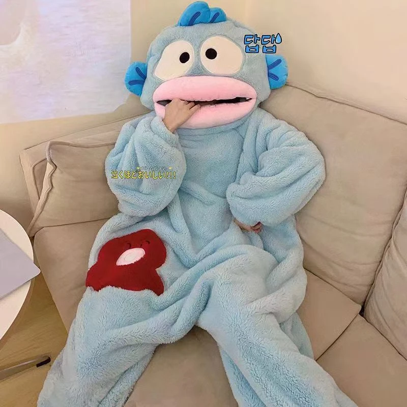大嘴丑鱼汉顿可爱搞怪连体睡衣男女冬季加绒加厚珊瑚绒睡袍家居服