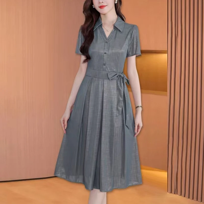 气质连衣裙女2025年新款夏季polo领短袖妈妈装大码系带裙子