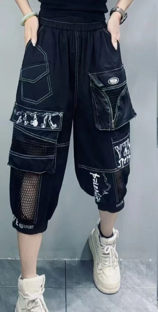 大码2025夏季新款街头个性网纱拉链口袋百搭七分裤休闲裤女-25001