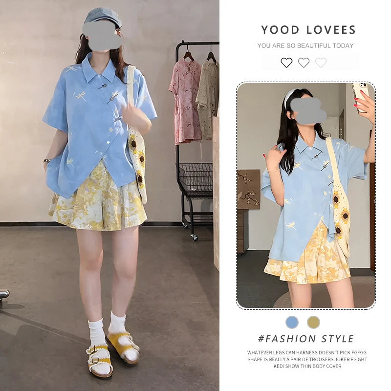 不规则蓝色衬衫休闲阔腿短裤女夏2025新款小众设计感慵懒风套装潮