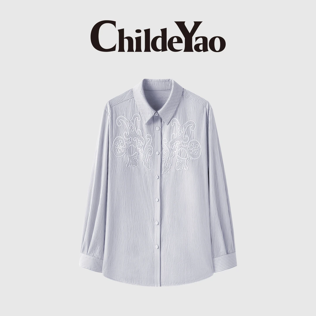 Childe Yao100高支高密棉网格镂空绣花翻领长袖条纹衬衫CYC59380
