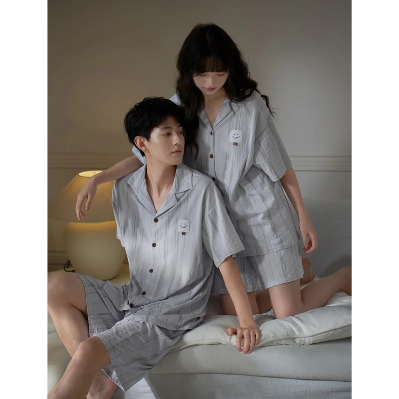 思莉太太【笑一个吧】情侣睡衣纯棉女夏季短袖条纹男士可外穿家居服