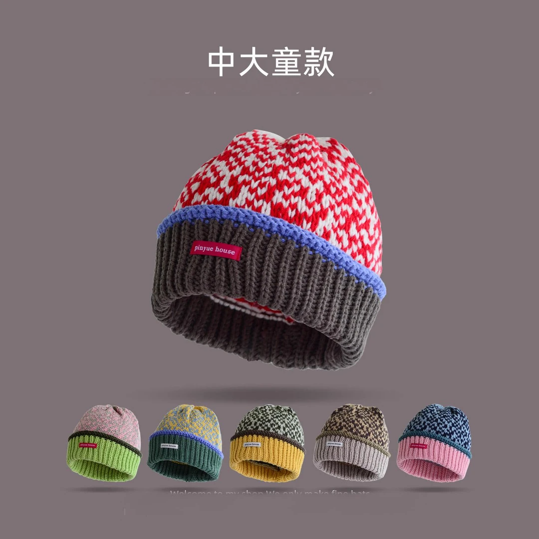 日系新款复古儿童针织帽女孩子拼色保暖学生毛线帽宽松男童帽子