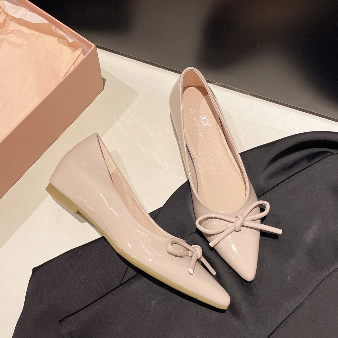 法式浅口单鞋女2025夏季子蝴蝶结漆皮红色细跟马油丝袜效果高跟鞋