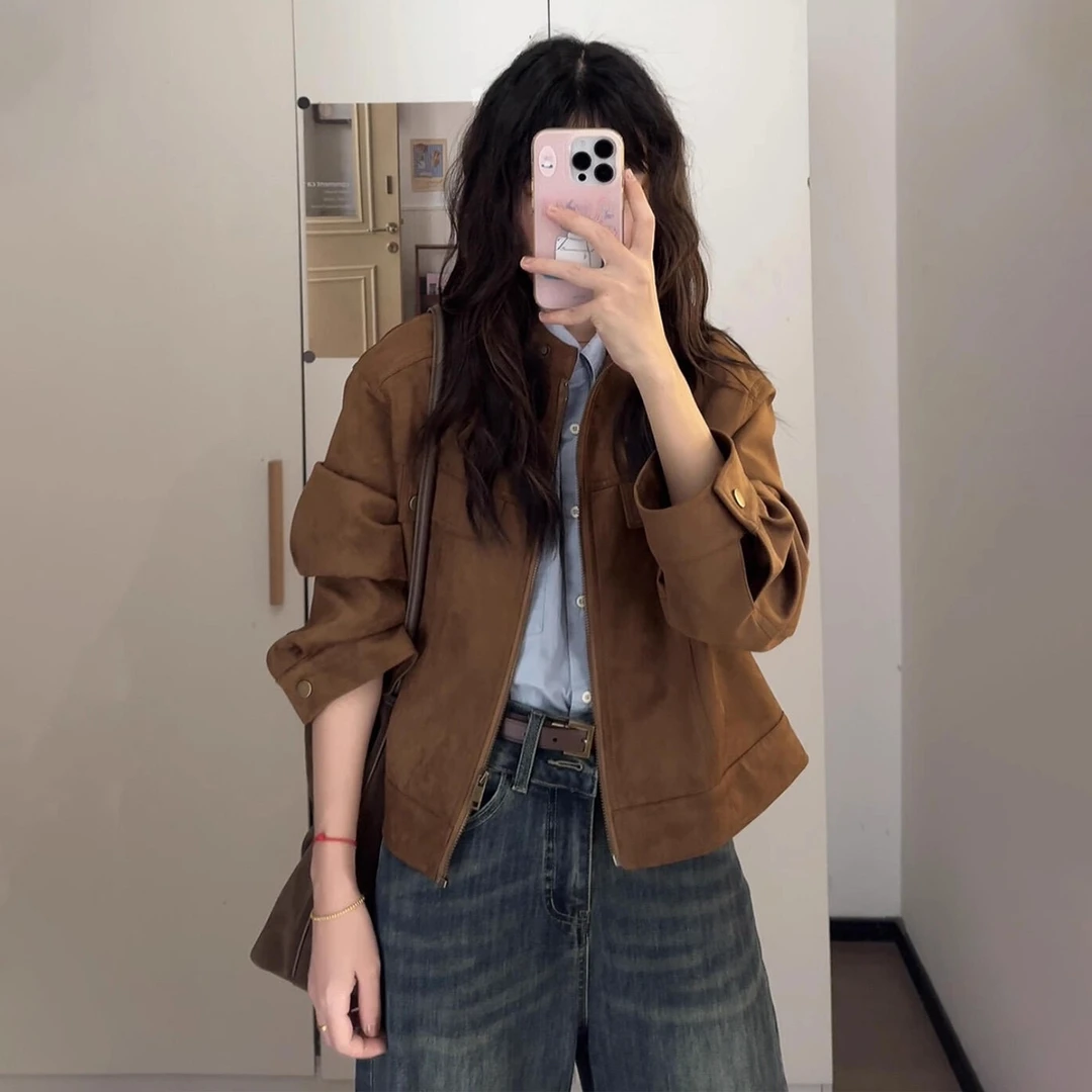 美拉德复古棕色夹克外套女春秋季2025新款早秋韩系小个子短款上衣