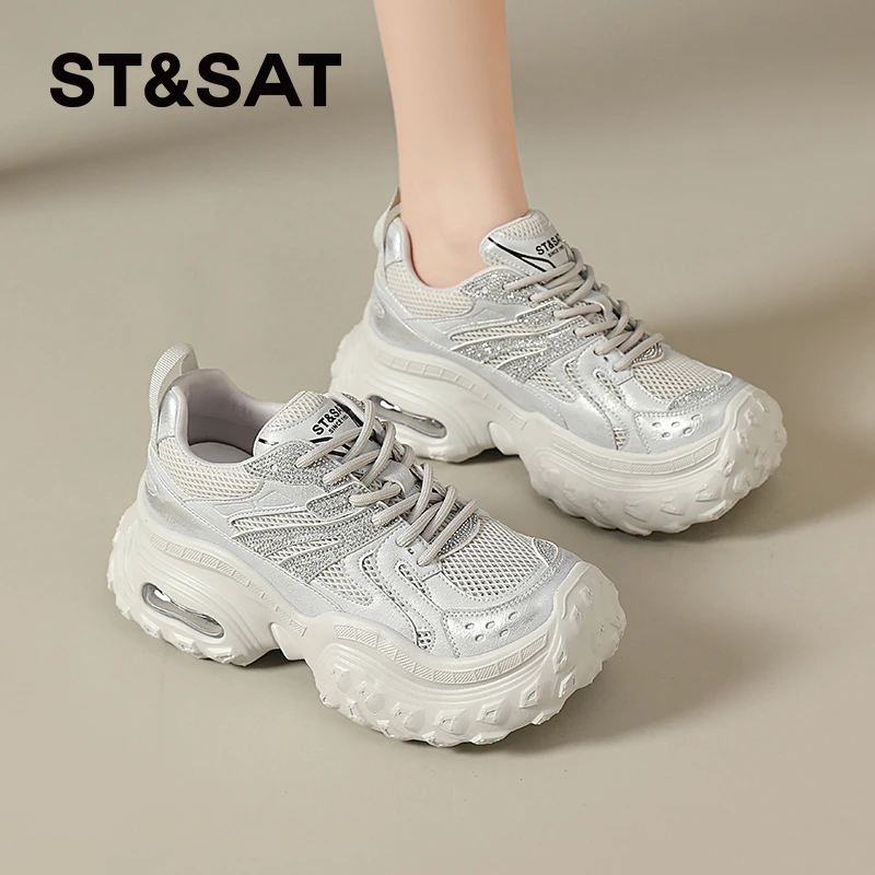 星期六透气休闲老爹鞋女士2025新款春季网面鞋子百搭厚底轻奢女鞋