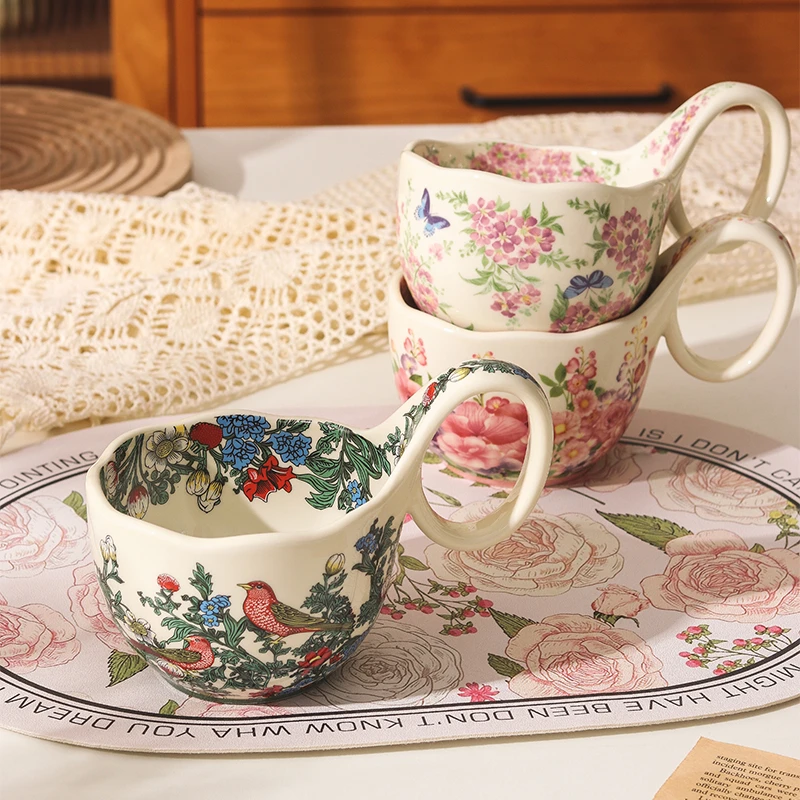 复古美式曲把杯带勺莫里斯陶瓷马克杯高颜值咖啡杯碟早餐燕麦片碗