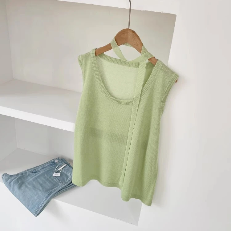 气质系带圆领宽松薄款背心T恤女夏清新透气无袖针织衫洋气衣服女