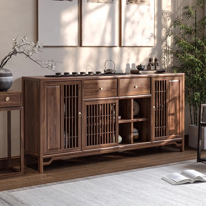 新中式实木餐边柜茶室储物柜老榆木客厅入门玄关柜黑胡桃色茶边柜