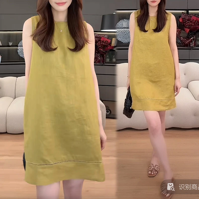 圆领百搭纯色连衣裙女士2025夏季新款时尚减龄洋气设计感显瘦裙子