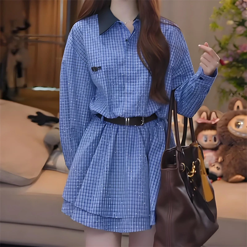 夏季少女格子衬衫连衣裙女2025早秋新款宽松收腰减龄设计感a字裙