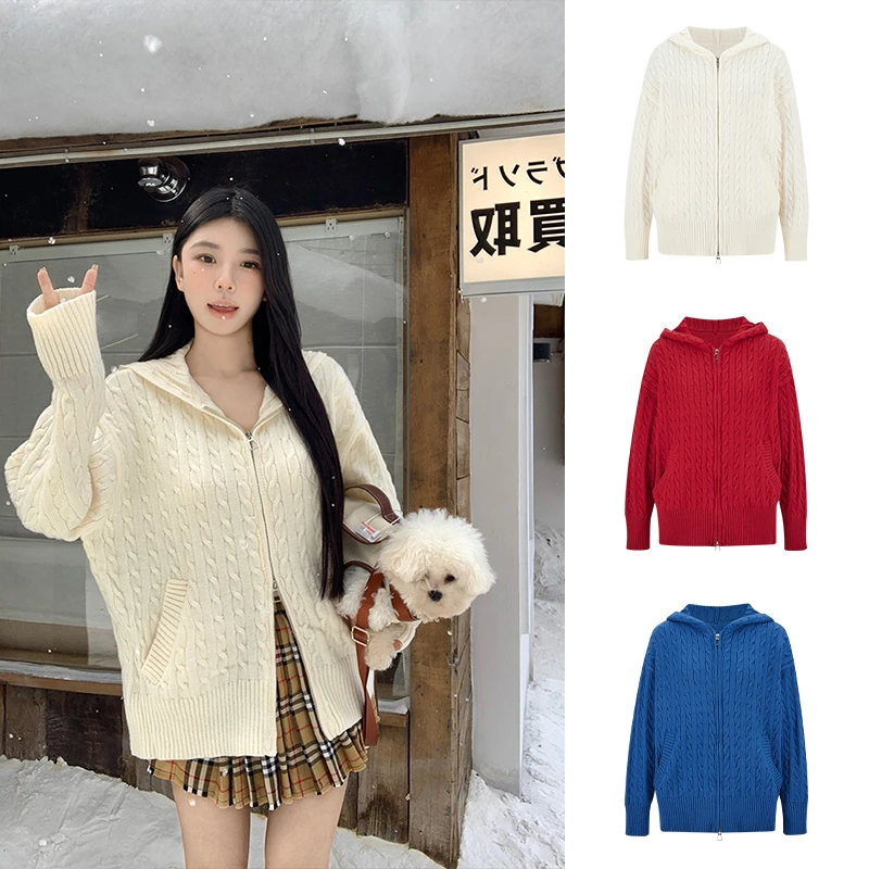 Moses Queen/魔西女王慵懒风连帽麻花针织外套软糯双拉链开衫上衣