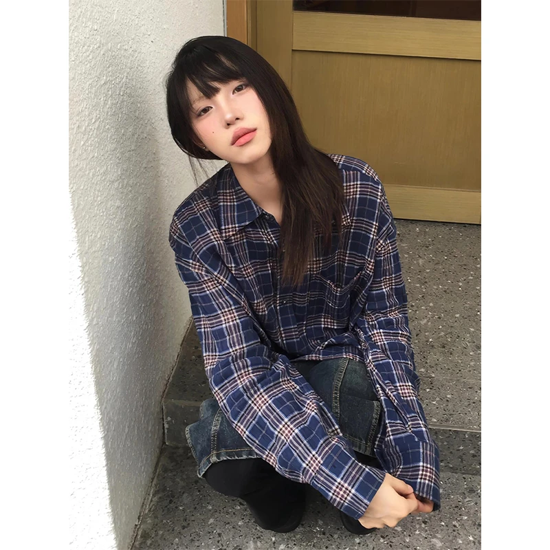 美式ins长袖衬衫女春秋polo领格纹衬衣宽松高级感防晒上衣外套