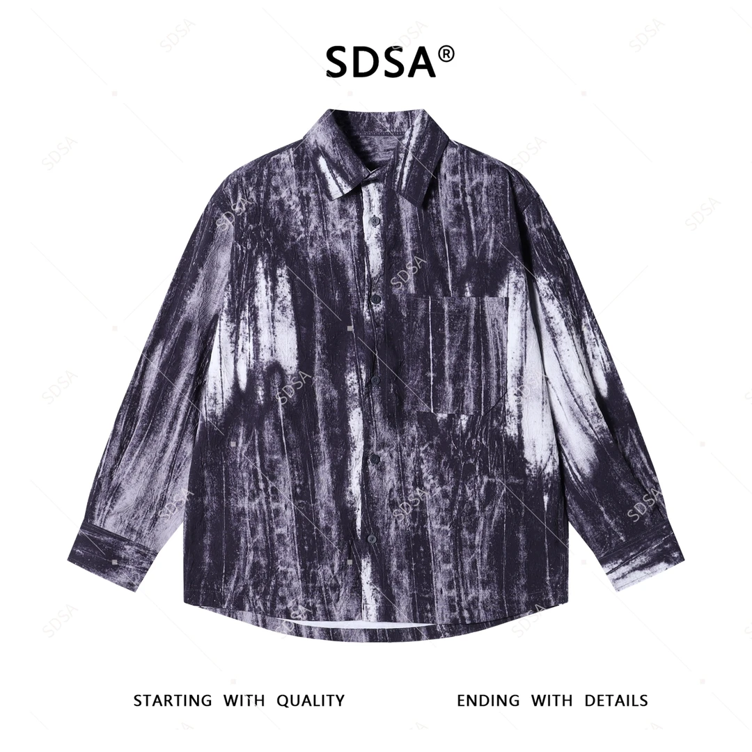 SDSA男士2025新款轻奢痞帅男装美式扎染晕染设计纽扣衬衫百搭时尚