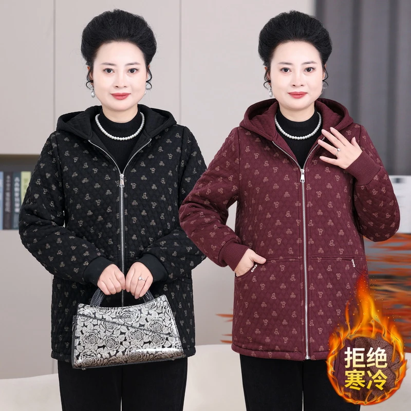 大码妈妈装冬季新款拉链碎花连帽棉服中老年加绒加厚休闲外套2599