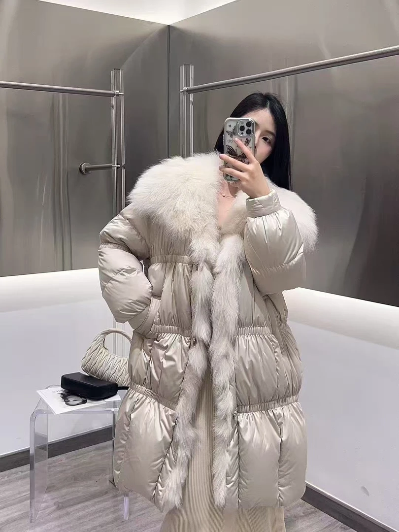 高端皮草羽绒服女冬新款大狐狸毛领修身加厚保暖鹅绒服中长款3180