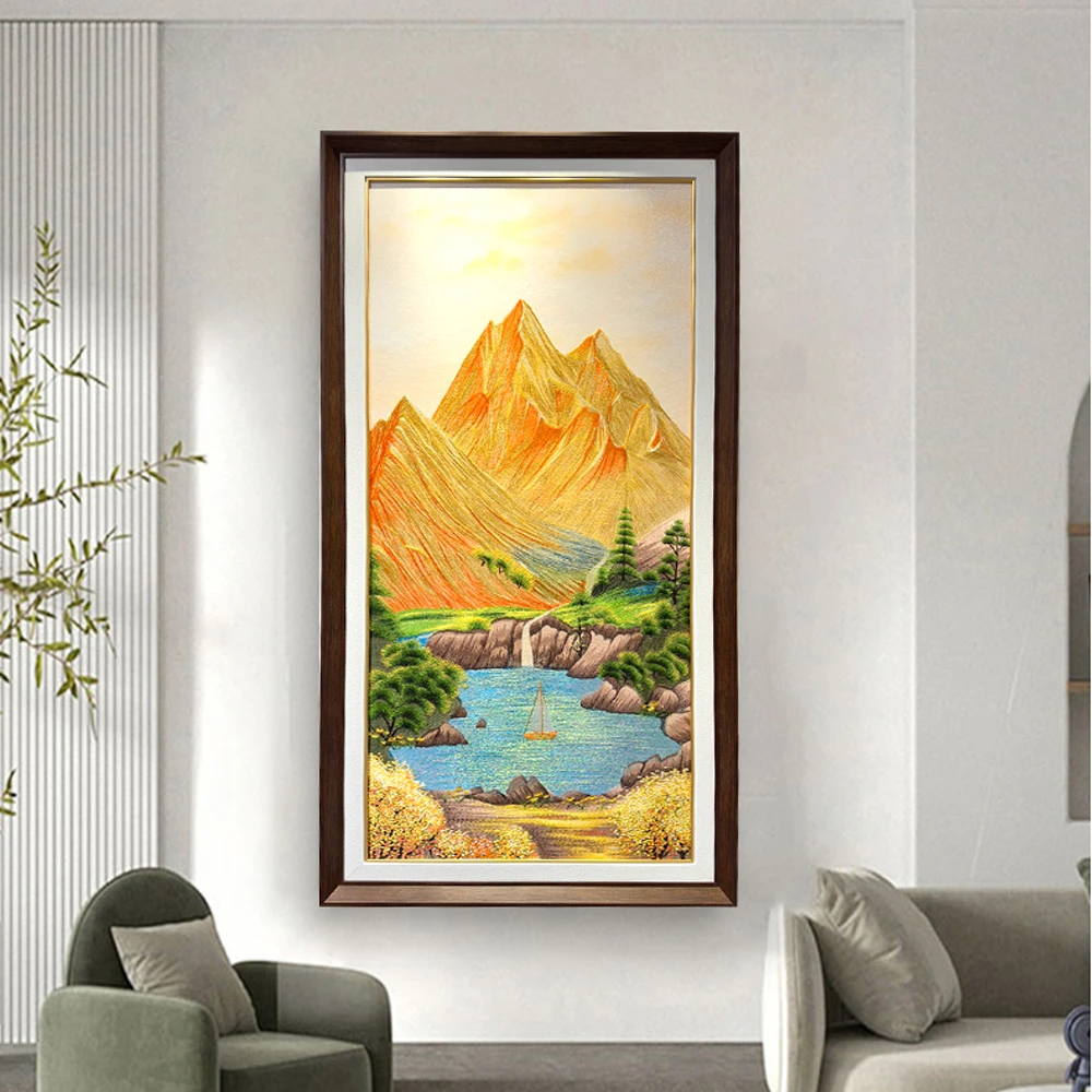 金山聚宝盆刺绣装饰画高定玄关背景墙入户高级感挂画80160