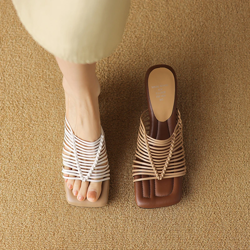 BELL&CC手工编织凉拖鞋女2025新款夏季透气粗跟露趾真皮一字拖