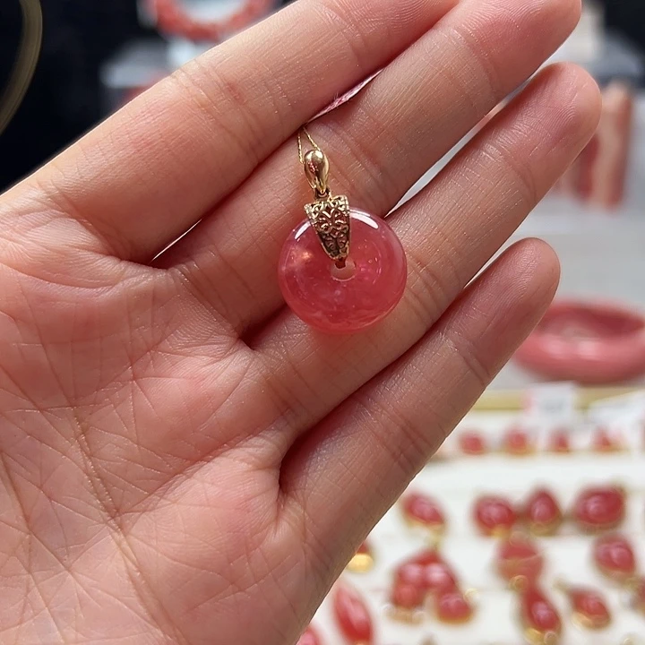 菱锰矿（红纹石）18K金镶嵌吊坠(不含链)