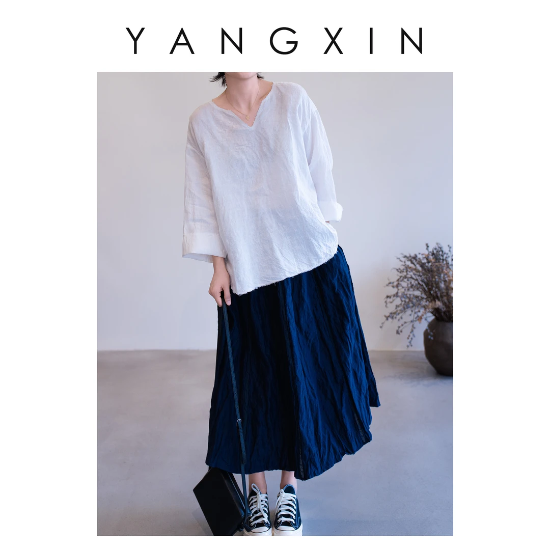 【无龄·杨昕】“白裳雅逸”宽松慵懒感V领夏季衬衫上衣SS05043