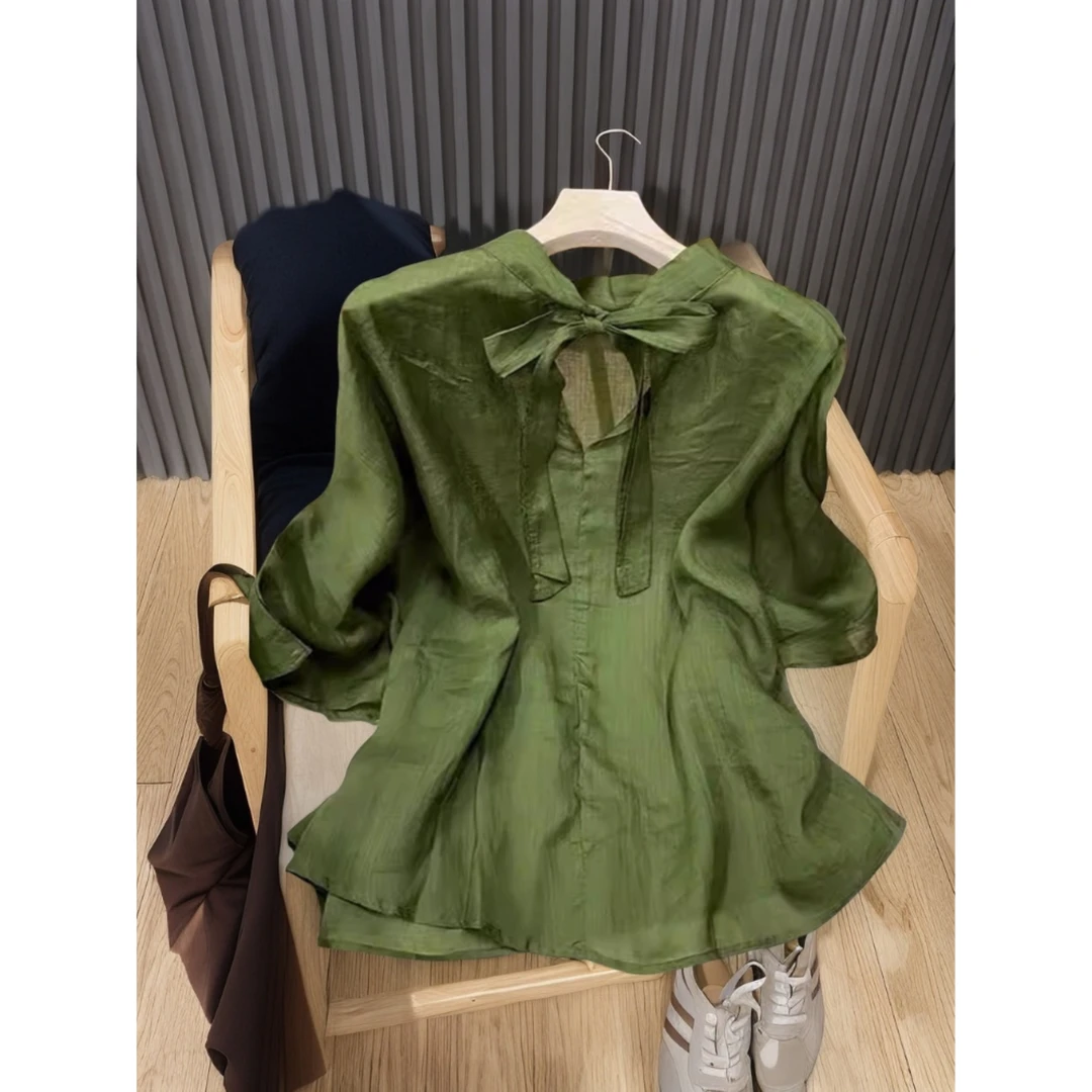 怒推，巨喜欢这件！复古文艺绿色半袖衬衫女夏2025轻薄后背系带衬衣