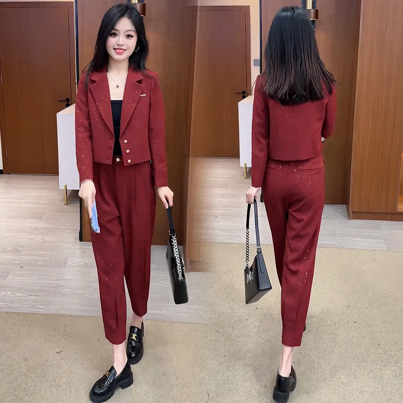 时尚洋气小西装套装女春季新款气质显瘦小个子短外套哈伦裤两件套