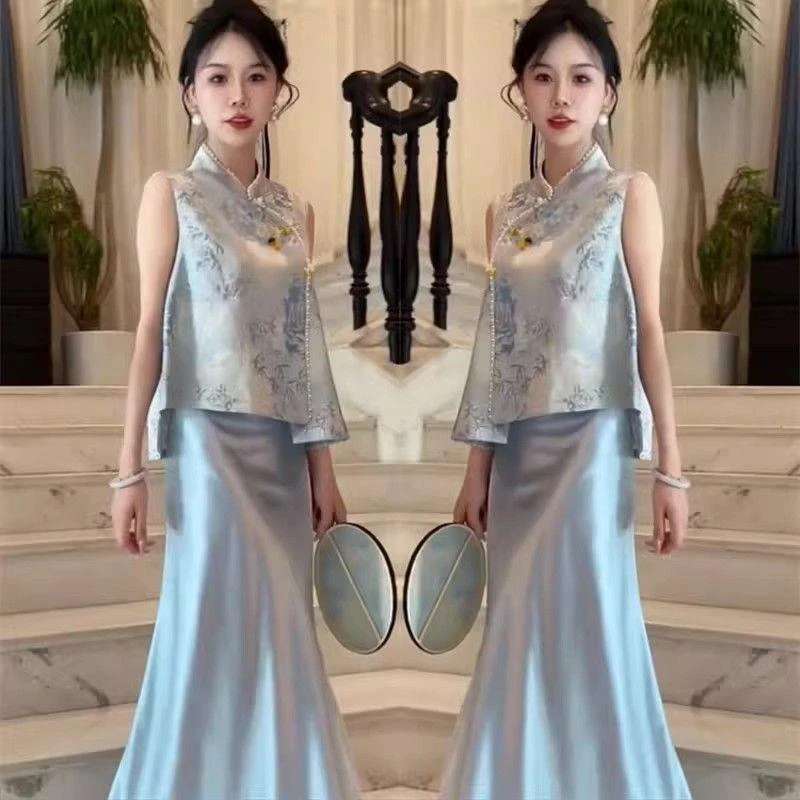 2025夏季新款新中式套装裙女国风重工缎面提花显瘦马甲半身裙