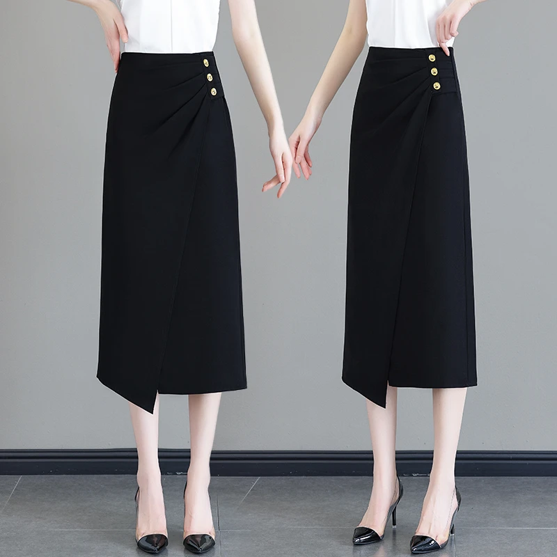 不规则西装半身裙女2025夏季新款高腰中长款一步薄款黑色包臀裙子