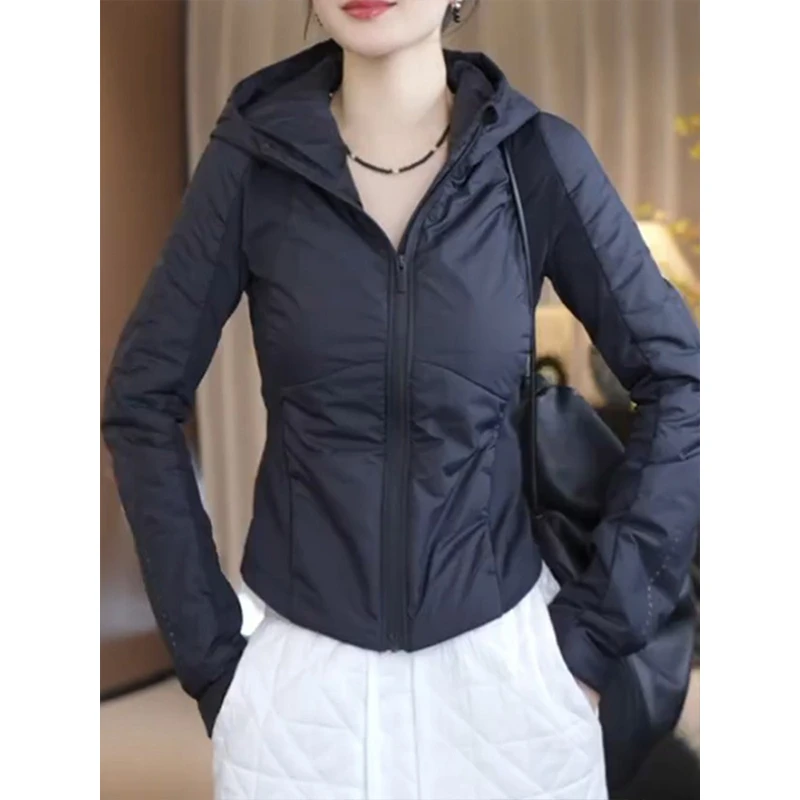 黑色夹棉轻薄棉服女2025冬季新款修身显瘦运动连帽短外套夹克上衣